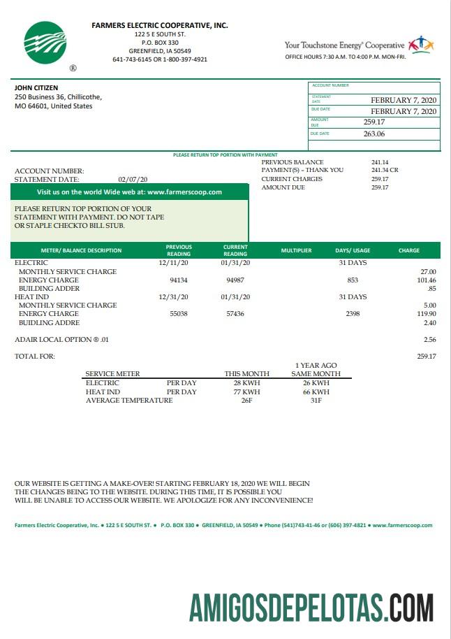 realista Modelo de conta de serviços públicos cooperativos elétricos dos fazendeiros dos EUA Ohio em formato Word e PDF, versão 2